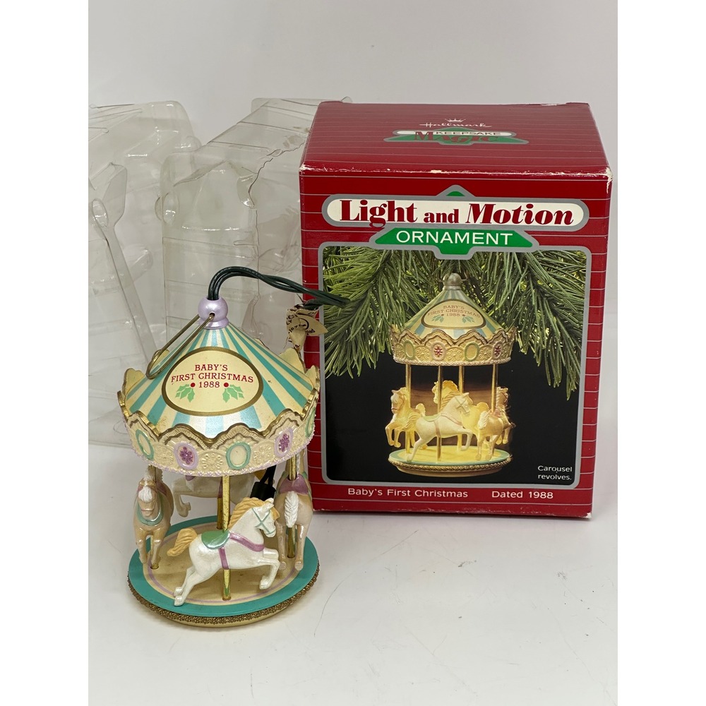 VTG Hallmark Baby's First Christmas 1988 Carousel Light Motion Ornament Gold